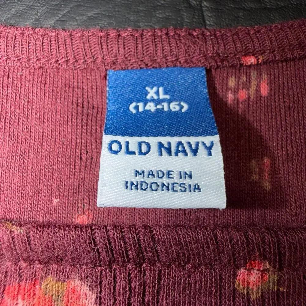 Old Navy Girls Rib Knit Shirt Top Pullover Square Neck Floral Burgundy Stretch